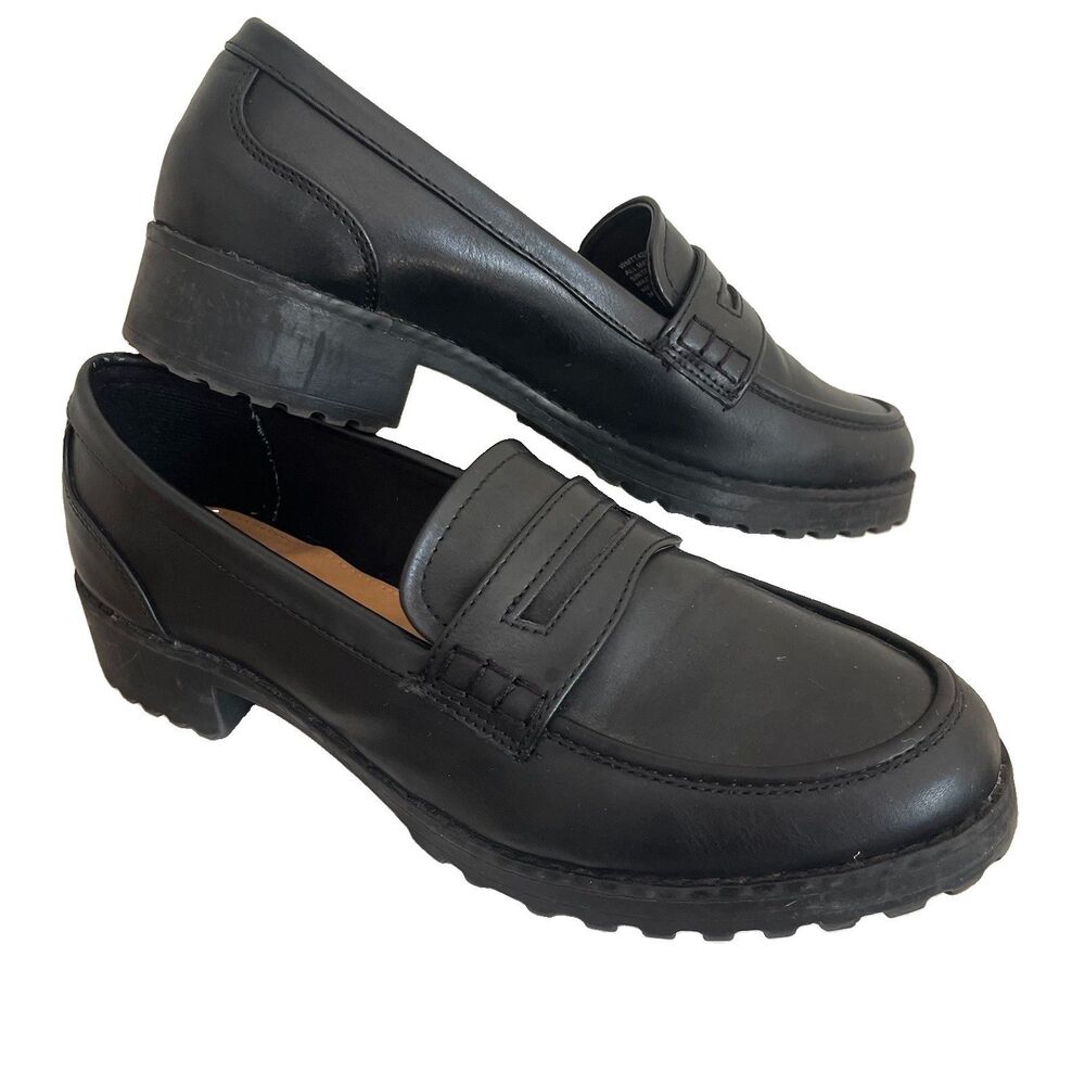 Time And Tru Womens 10 Black Lug Sole Casual Slip-On Penny Loafers Memory Foam